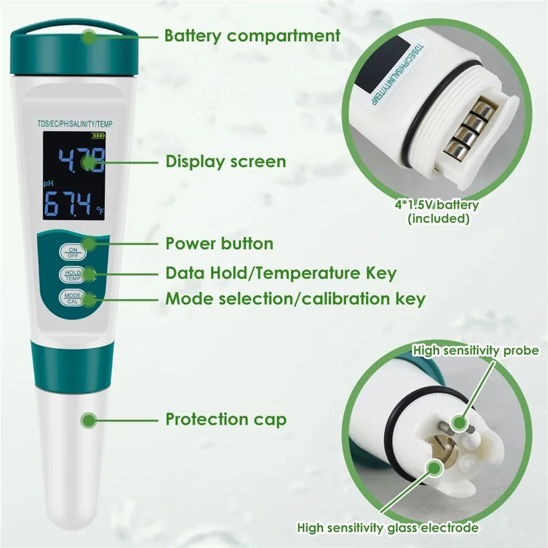 MF51 Testador Portátil de Qualidade da Água Caneta Digital pH EC TDS Medidor de Salinidade Analisador Multifuncional