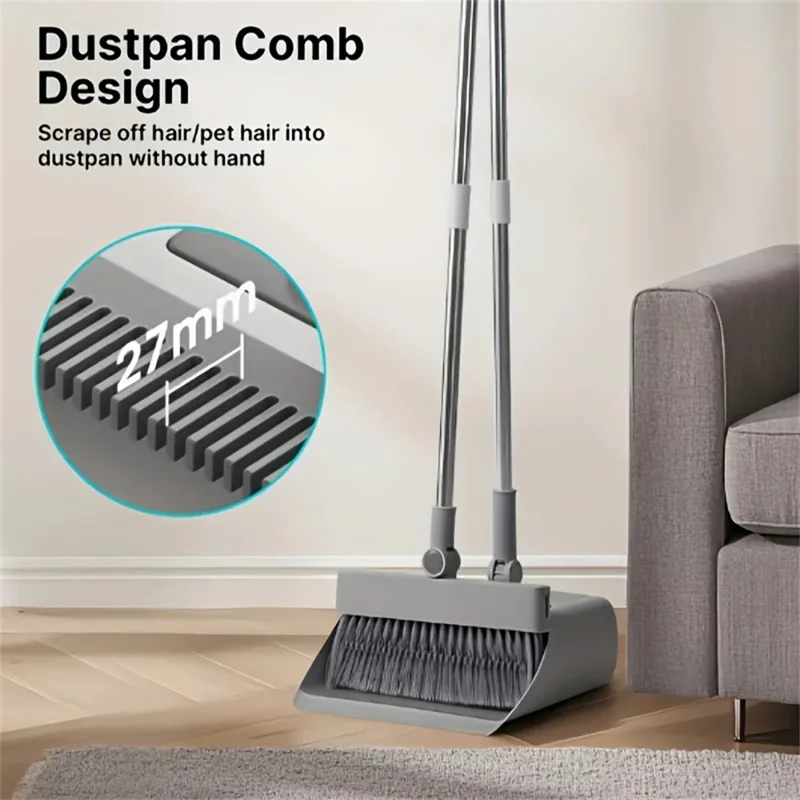 4 in 1 Household Cleaning Set Broom Dustpan Ground Brush Scraper Tools with 3-Section Rod - Grey