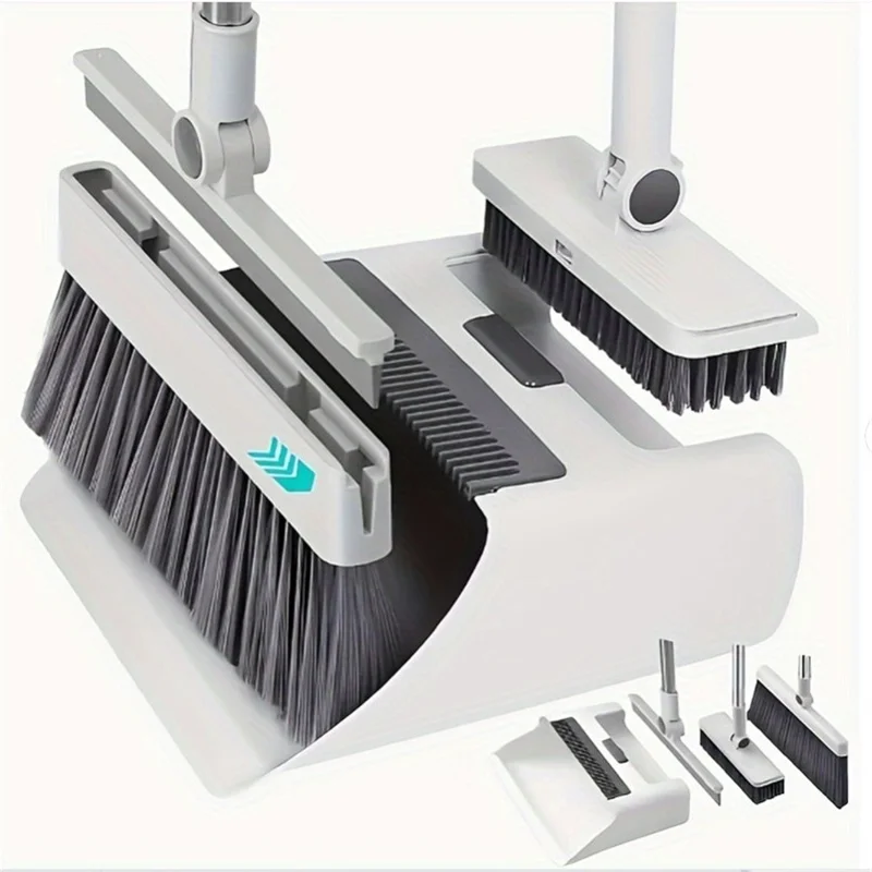 Conjunto de Limpeza Doméstica 4 em 1 com Vassoura, Pá, Escova de Chão e Raspador com Cabo de 2 Seções - Branco