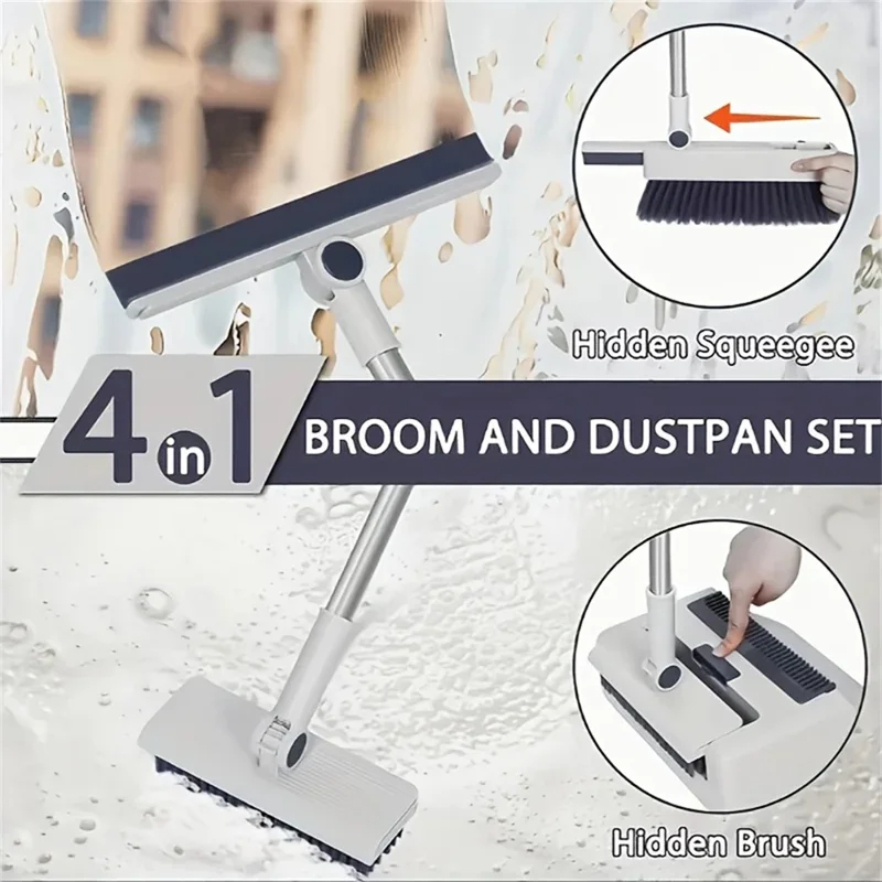 Conjunto de Limpeza Doméstica 4 em 1 com Vassoura, Pá, Escova de Chão e Raspador com Cabo de 2 Seções - Branco