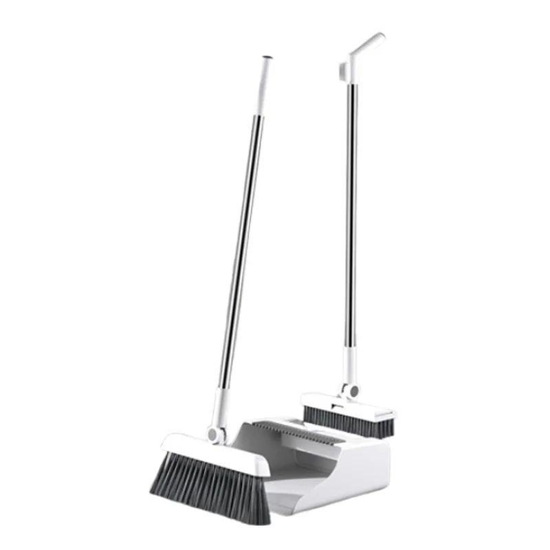 Conjunto de Vassoura 3 em 1 com Pá e Escova de Limpeza Dobrável para Piso - Branco+Cinza