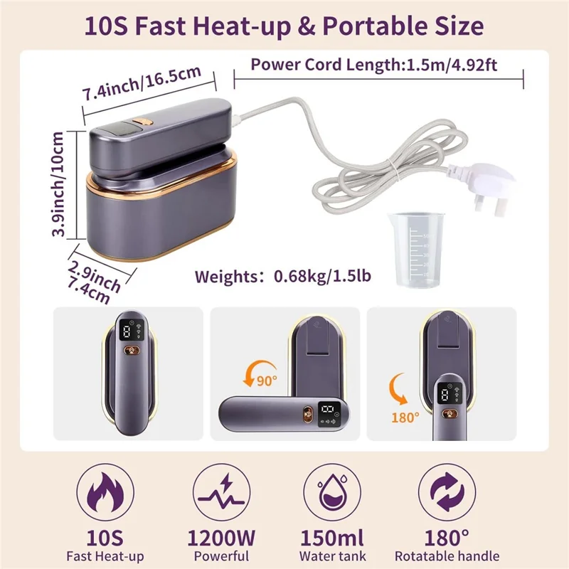 Ferro de Passar a Vapor Portátil com Exibição Digital Inteligente, 3 Configurações de Vapor, Mini, Plug EU - Roxo