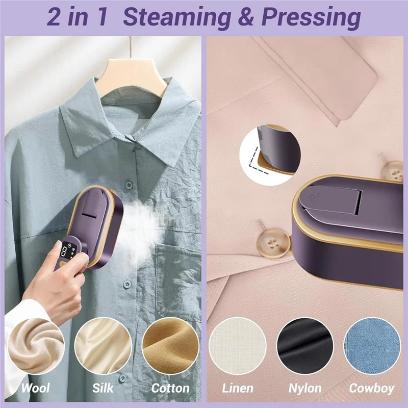 Ferro de Passar a Vapor Portátil com Exibição Digital Inteligente, 3 Configurações de Vapor, Mini, Plug EU - Roxo