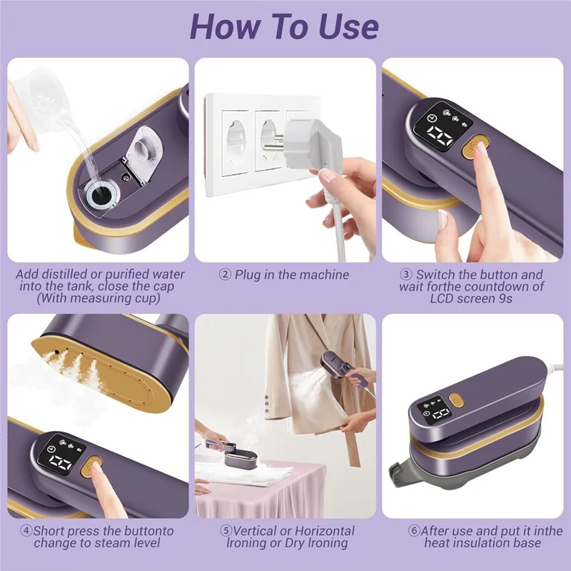 Ferro de Passar a Vapor Portátil com Exibição Digital Inteligente, 3 Configurações de Vapor, Mini, Plug EU - Roxo