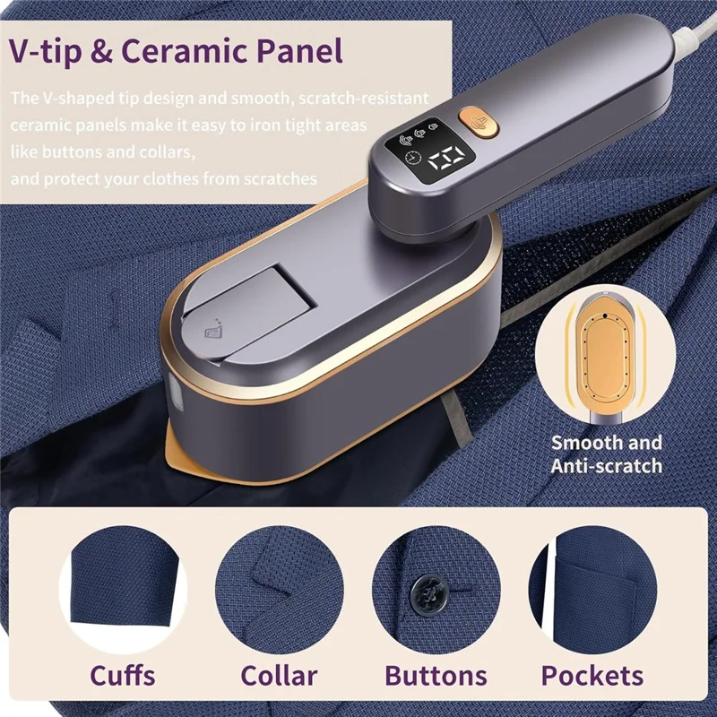 Ferro de Passar a Vapor Portátil com Exibição Digital Inteligente, 3 Configurações de Vapor, Mini, Plug EU - Roxo