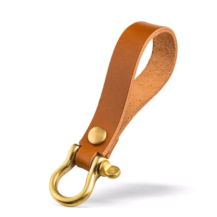 Top-layer Cowhide Leather Key Chain Brass Car Home Key Ring Strap Holder Loop - Brown