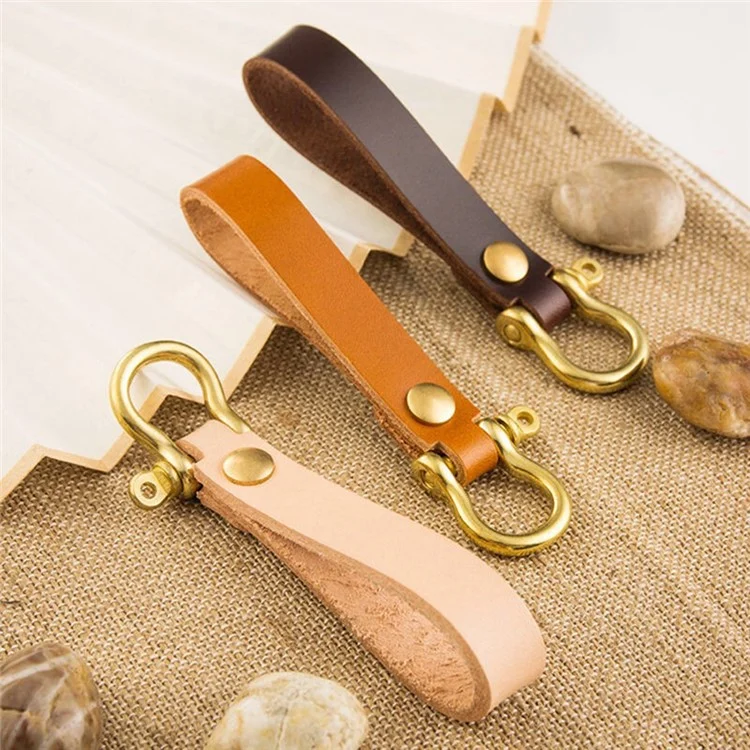 Top-layer Cowhide Leather Key Chain Brass Car Home Key Ring Strap Holder Loop - Brown