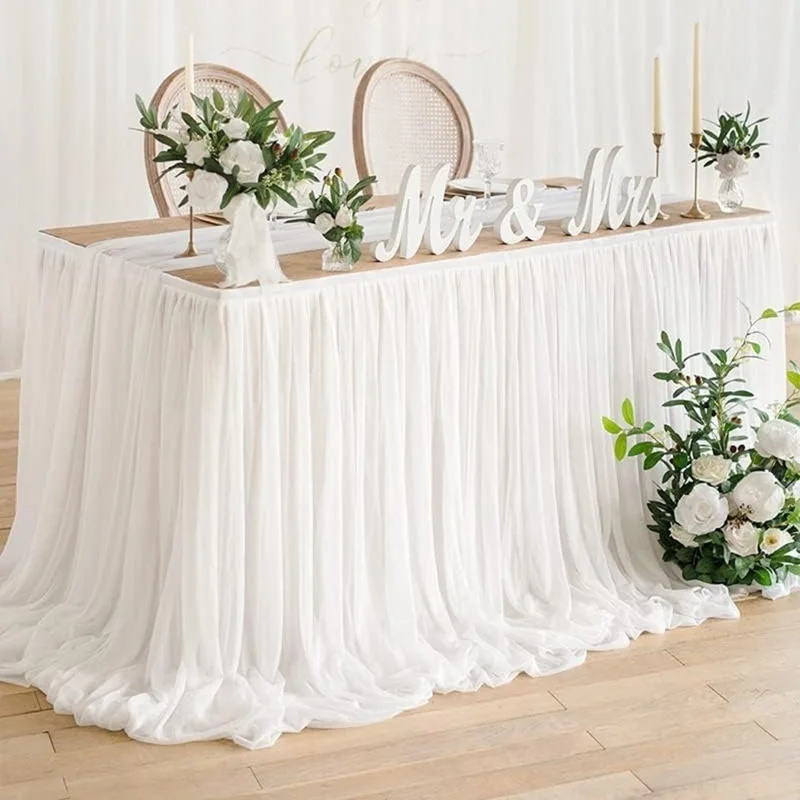 Jupe de table rectangulaire de 14 pieds en polyester à volants et tulle pour mariage, mariée, anniversaire (75x426cm) - Blanc