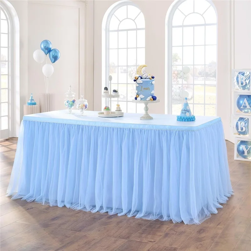 14ft Rectangle Table Skirt Polyester Ruffle Tulle Table Skirt for Wedding Bridal Birthday (75x426cm) - Sky Blue