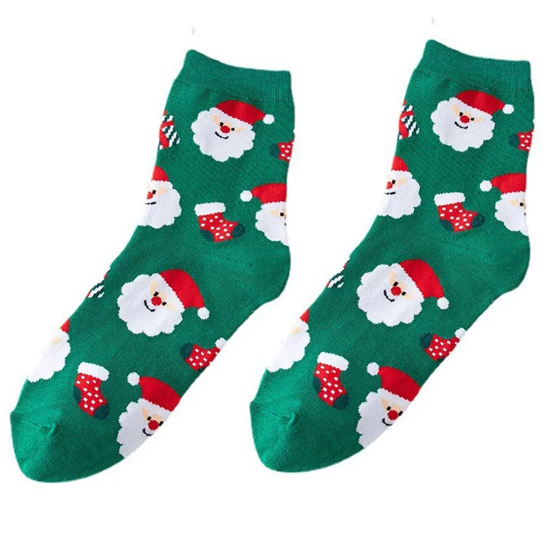 Christmas Socks for Women Xmas Holiday Cartoon Snowman / Santa / Elk Pattern Mid Calf Socks - Green+Santa