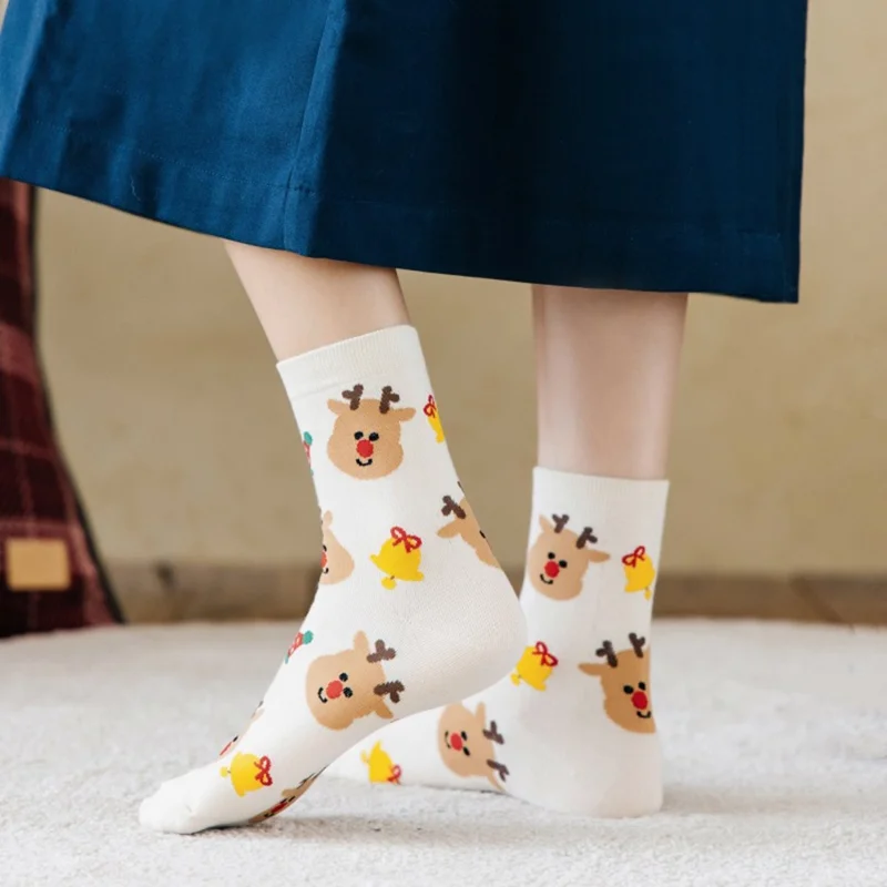 Christmas Socks for Women Xmas Holiday Cartoon Snowman / Santa / Elk Pattern Mid Calf Socks - Green+Santa