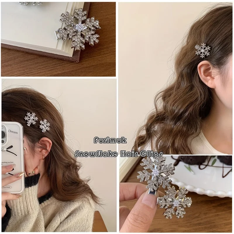 Christmas Snowflake Shape Women Hair Clip Shiny Rhinestones Inlaided Side Bangs Barrette Xmas Hair Accessory - Rhinestone Decor