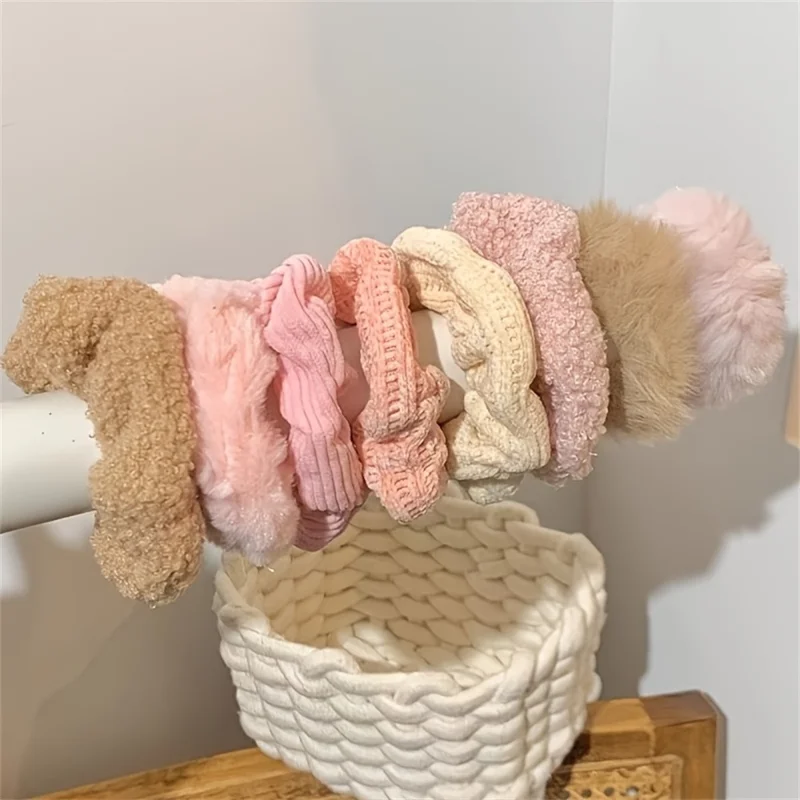 Plush Hair Scrunchies 7Pcs Fabric Elastic Hair Ties Ponytail Holders for Fall / Winter Hair Accessories - Grey