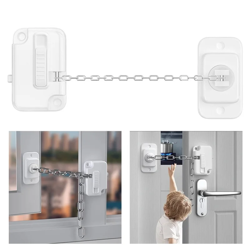FT756 Adjustable Chain Drawer Lock Child Pet Safety Latch No Drill Cabinet Door Window Limiter