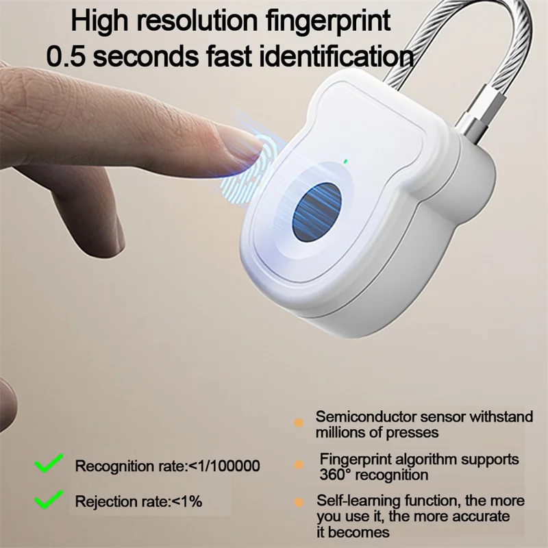Cadeado de segurança com impressão digital inteligente F335 para mala, mochila, cesta de bicicleta, recarregável via USB-C - Preto