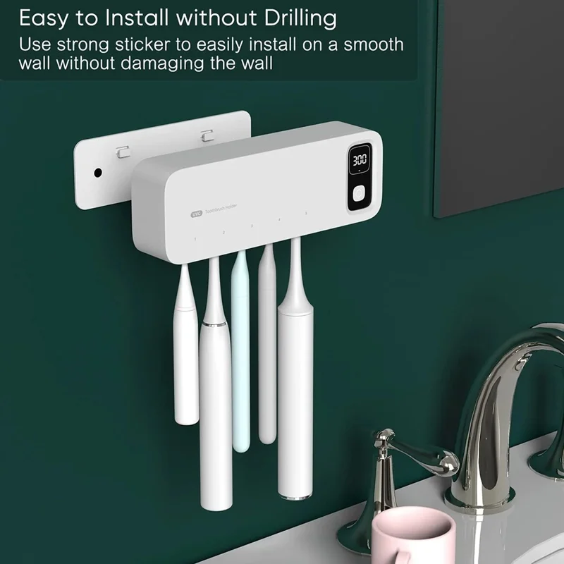 ES901A Wall Mounted 5 Slots Toothbrush UV Sanitizer No Drill Sterilization Storage Box - Dark Green