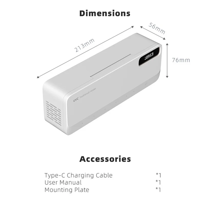 ES905 Wall Mounted UV Sterilizer Drying Toothbrush Holder with LED Display No Drilling Automatic Storage Box - White