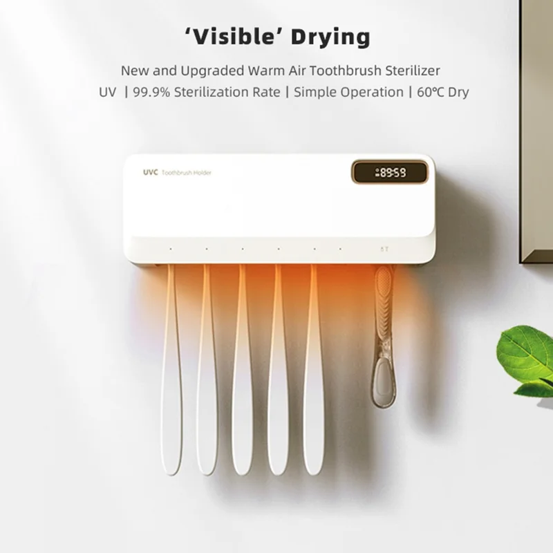 ES905 Wall Mounted UV Sterilizer Drying Toothbrush Holder with LED Display No Drilling Automatic Storage Box - White