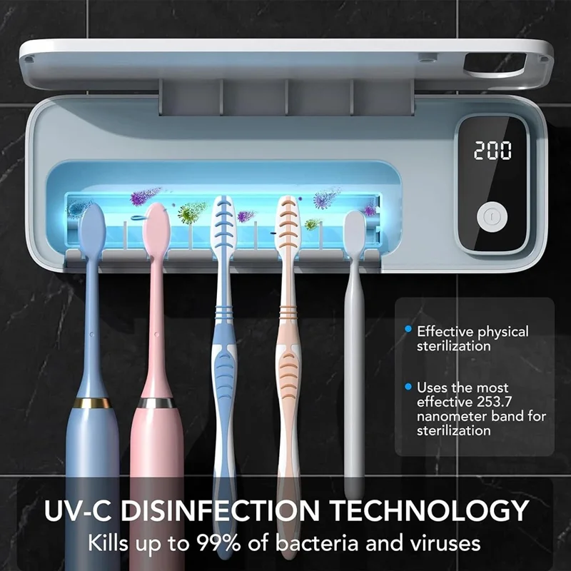 ES901B Rechargeable UV Toothbrush Sanitizer Wall Mounted No Drill Storage Box for 5 Toothbrushes