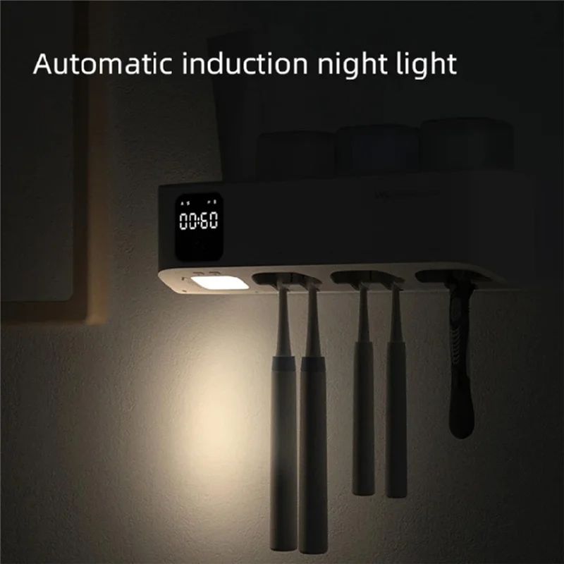 ES703 Toothbrush Holder Wall Mounted UV Sterilizer Clock Display Automatic Dry Organizer Rack with 3 Rinsing Cups