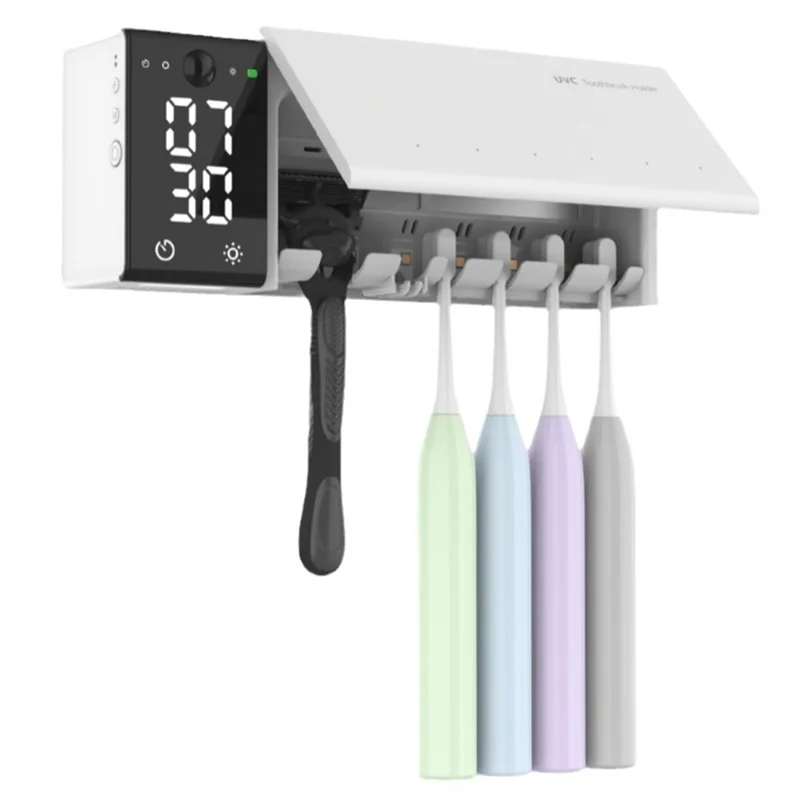 ES909 Wall Mounted Smart UV Toothbrush Sanitizer No Drill Drying Storage Sterilization Box with LED Clock