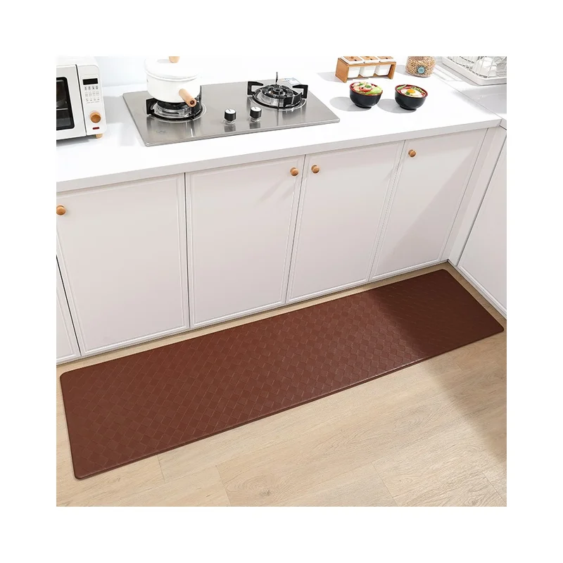 45 x 180cm Rhombus Pattern PVC Leather Non Slip Floor Rug Oil Resistant Cushioned Kitchen Mat - Brown