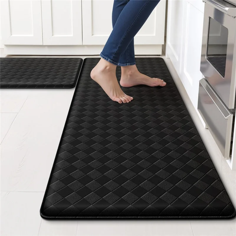 45 x 180cm Rhombus Pattern PVC Leather Non Slip Floor Rug Oil Resistant Cushioned Kitchen Mat - Brown