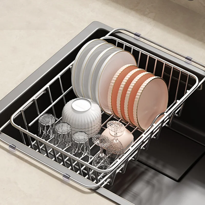 Kitchen Sink Drainer Basket Stainless Steel 34.5-45.5cm Adjustable Dish Drying Rack Organizer