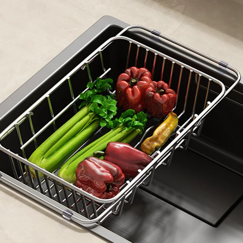 Kitchen Sink Drainer Basket Stainless Steel 34.5-45.5cm Adjustable Dish Drying Rack Organizer