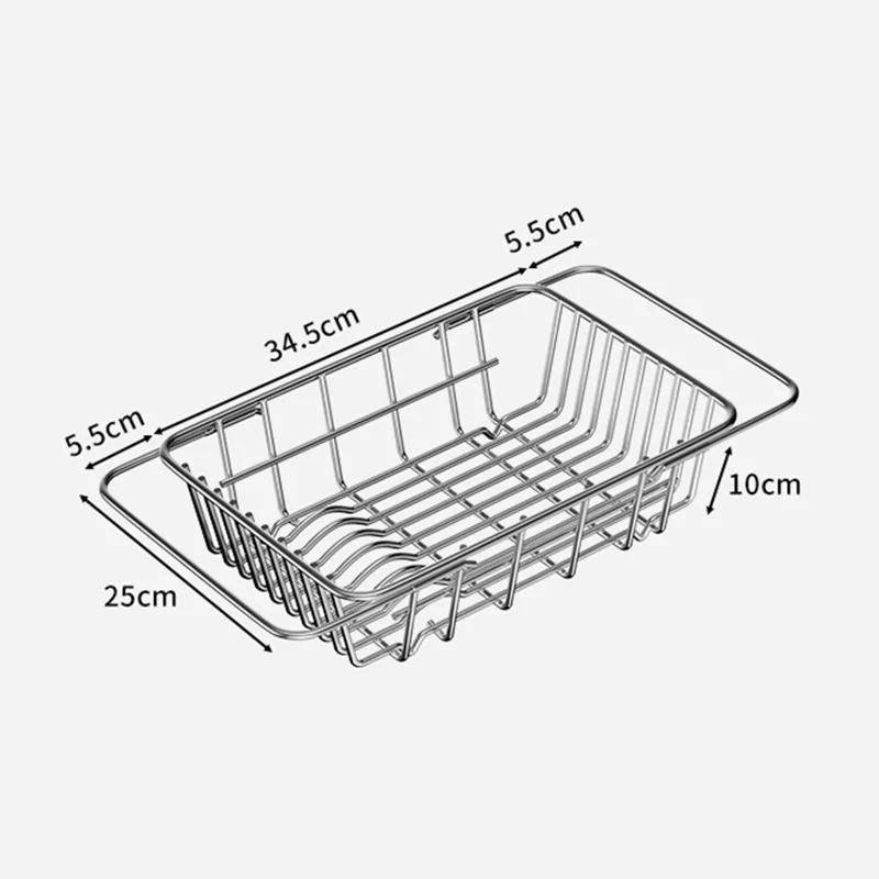 Kitchen Sink Drainer Basket Stainless Steel 34.5-45.5cm Adjustable Dish Drying Rack Organizer
