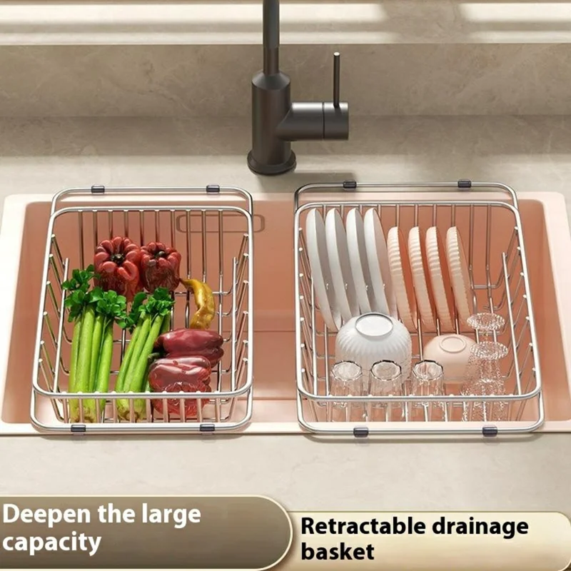 Kitchen Sink Drainer Basket Stainless Steel 38.5-55.5cm Adjustable Dish Drying Rack Organizer