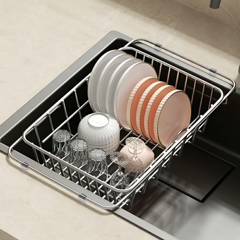 Kitchen Sink Drainer Basket Stainless Steel 38.5-55.5cm Adjustable Dish Drying Rack Organizer