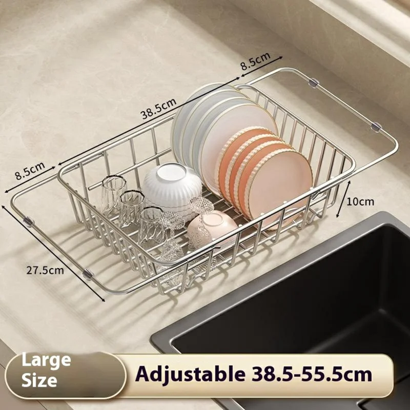 Kitchen Sink Drainer Basket Stainless Steel 38.5-55.5cm Adjustable Dish Drying Rack Organizer
