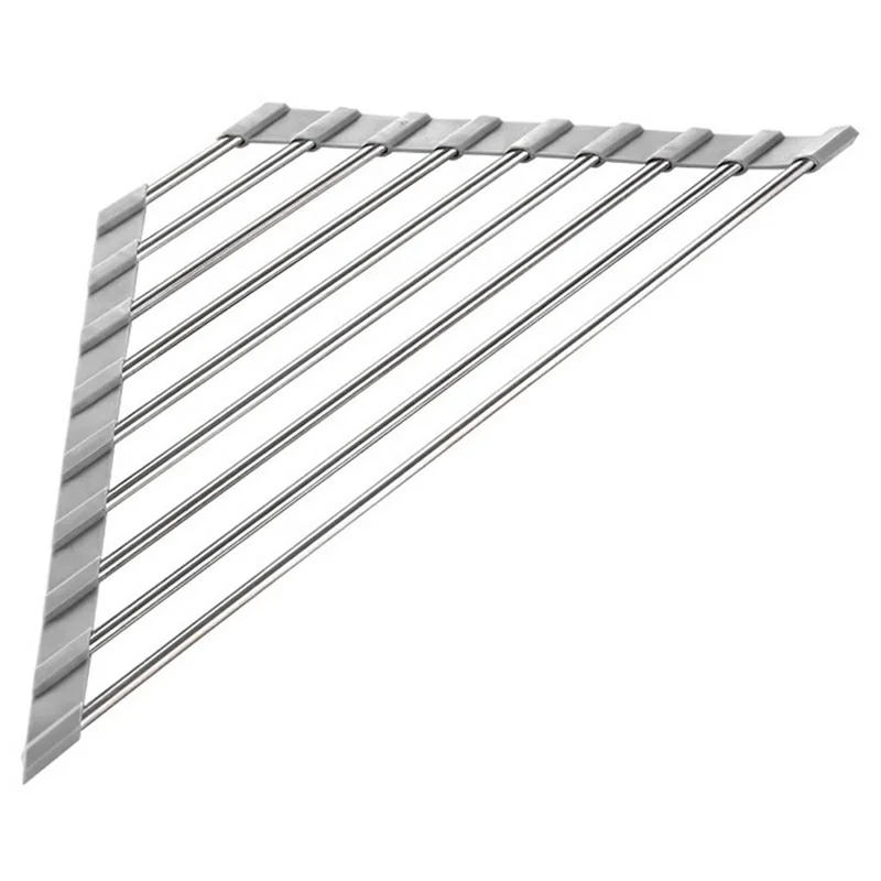 Foldable Stainless Steel Dish Drying Rack Sink Roll-Up Drainer Mat Multi-Function Kitchen Draining Basket - Grey