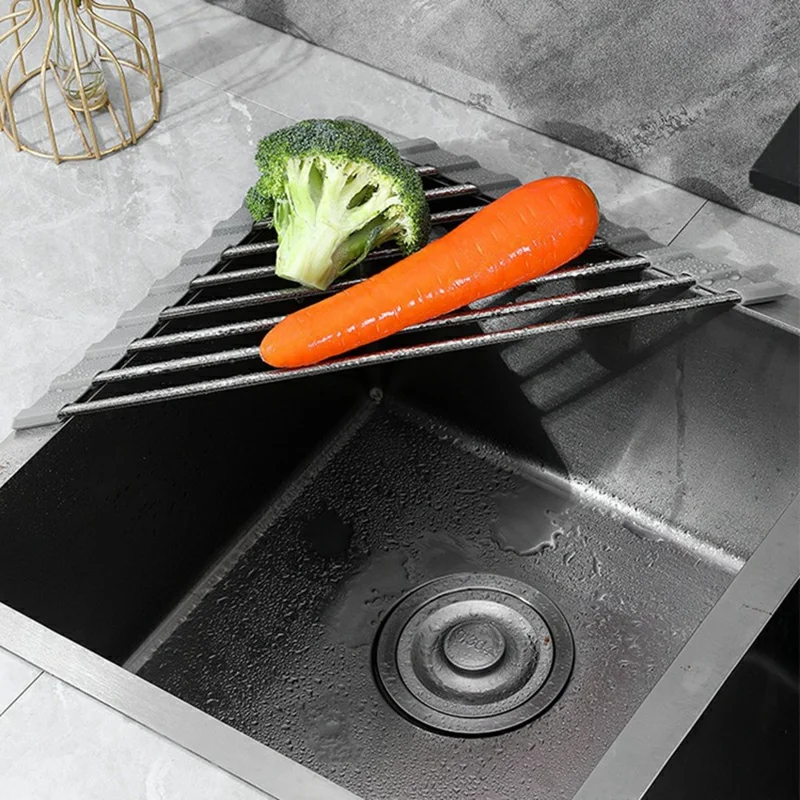 Foldable Stainless Steel Dish Drying Rack Sink Roll-Up Drainer Mat Multi-Function Kitchen Draining Basket - Grey
