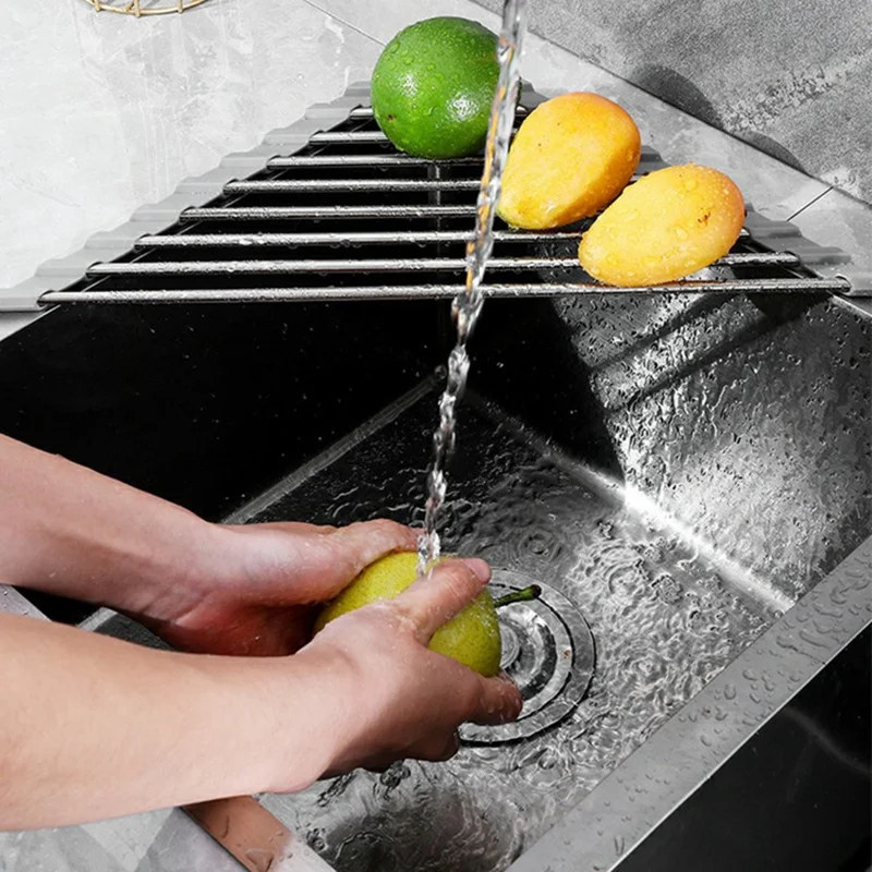 Foldable Stainless Steel Dish Drying Rack Sink Roll-Up Drainer Mat Multi-Function Kitchen Draining Basket - Grey