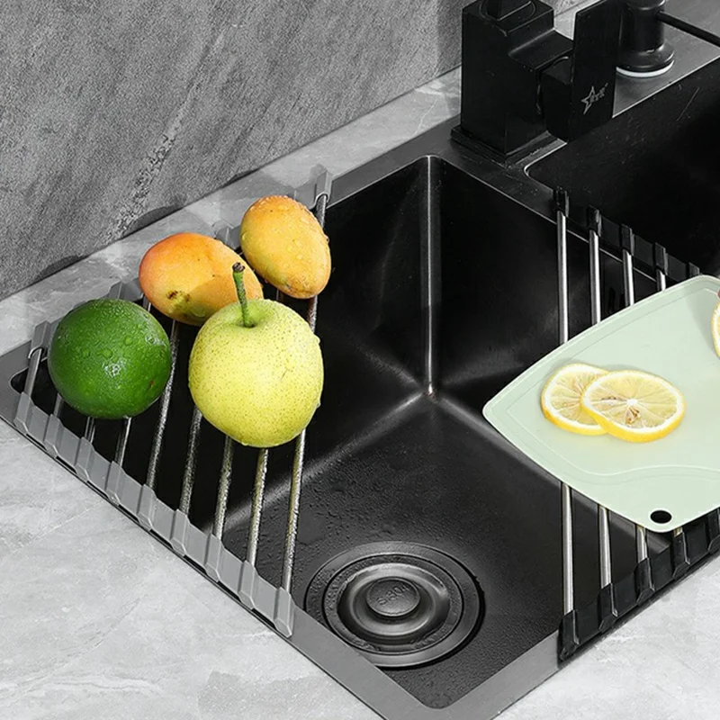 Foldable Stainless Steel Dish Drying Rack Sink Roll-Up Drainer Mat Multi-Function Kitchen Draining Basket - Grey