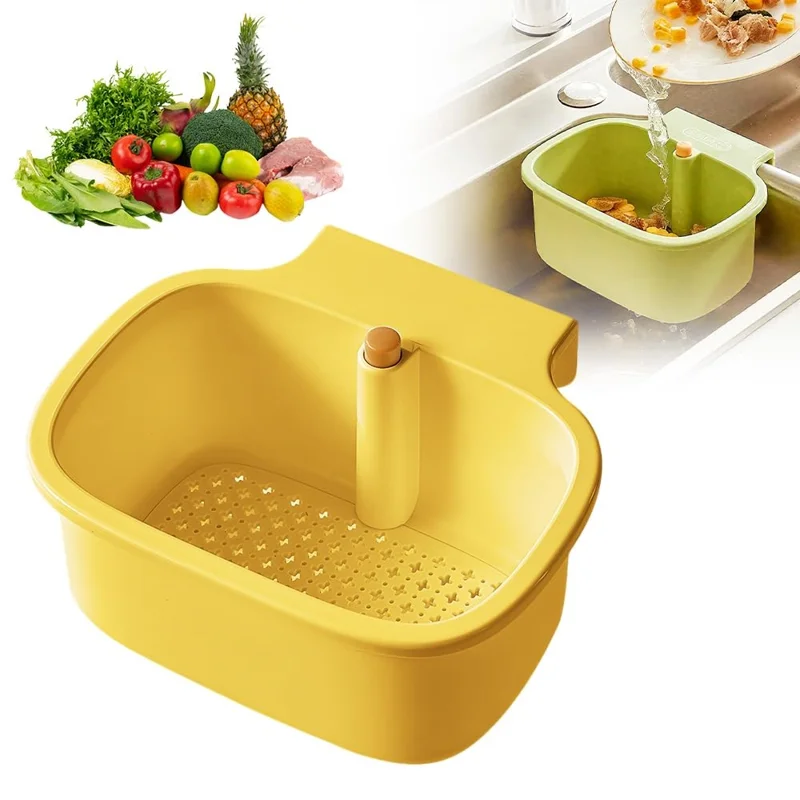 Sink Strainer Basket with Waste Filter Detachable Design Press Bottom for Kitchen Draining Filtering - Yellow