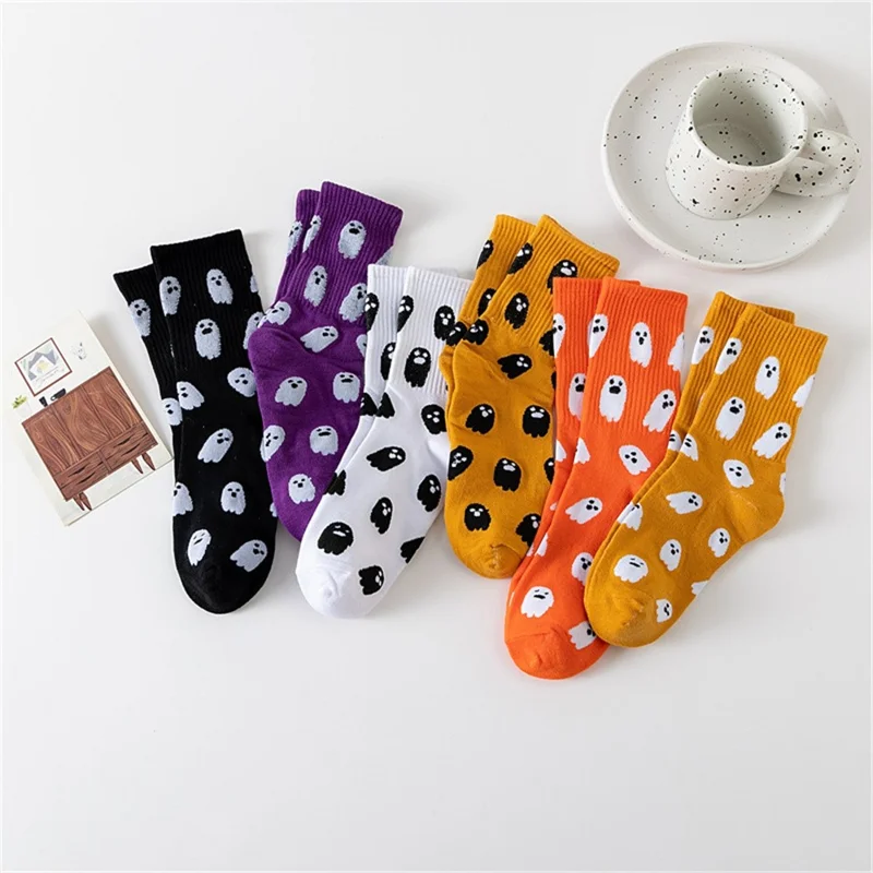 Conjunto de 6 Pares de Meias de Cano Médio de Halloween com Padrão Fofo de Fantasmas e Monstros para Festivais e Ocasiões Casuais