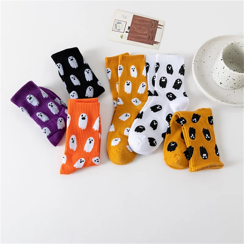 Conjunto de 6 Pares de Meias de Cano Médio de Halloween com Padrão Fofo de Fantasmas e Monstros para Festivais e Ocasiões Casuais