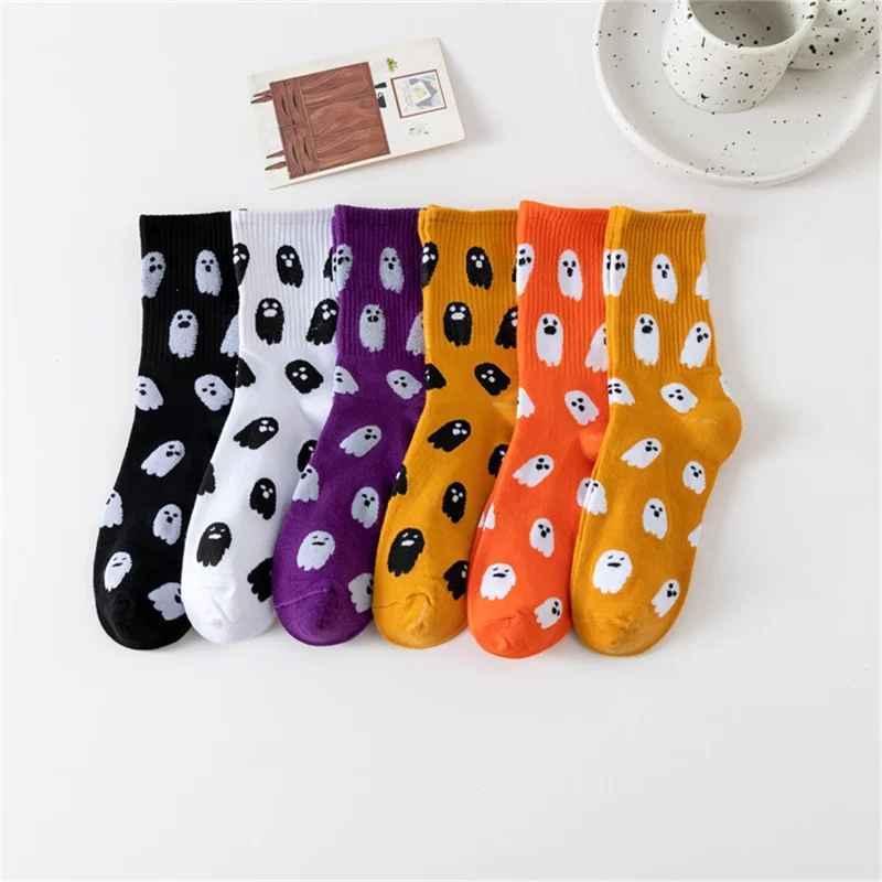Conjunto de 6 Pares de Meias de Cano Médio de Halloween com Padrão Fofo de Fantasmas e Monstros para Festivais e Ocasiões Casuais