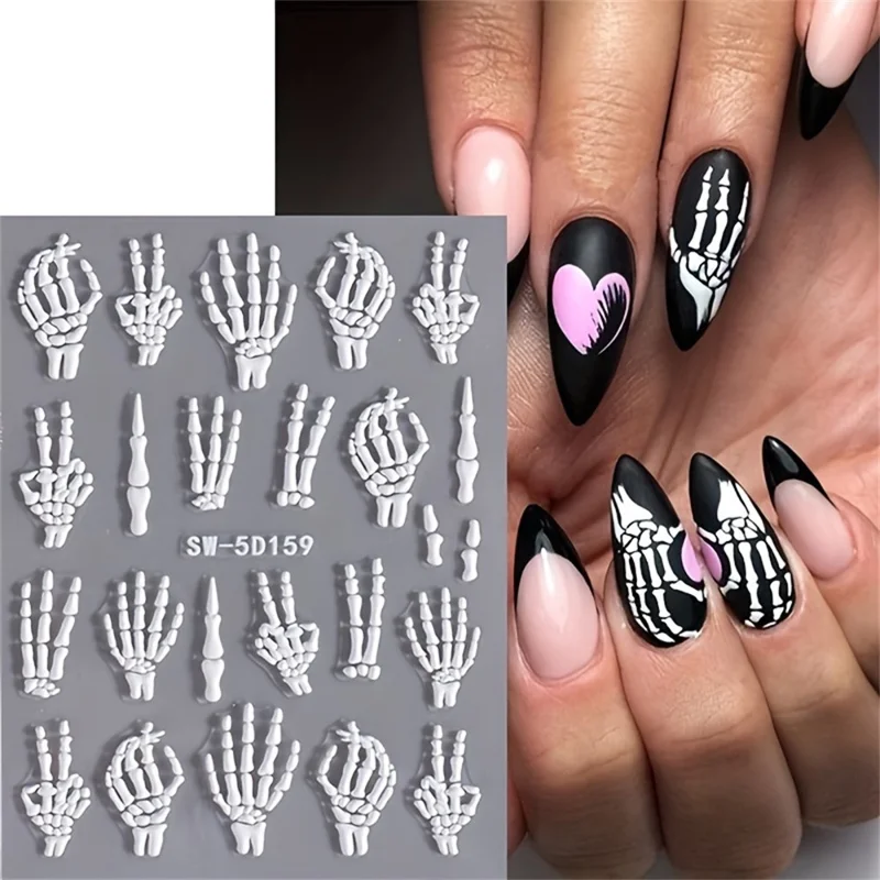 Halloween PVC Nail Art Sticker 5D Embossed Skull Hand Rose Flower Adhesive Nail Decals - SW-5D159