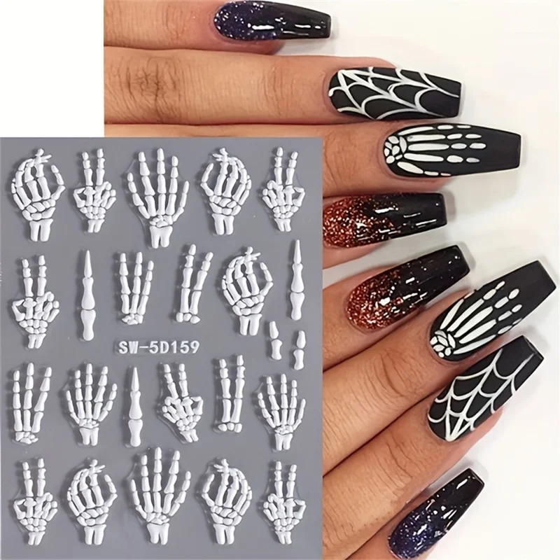 Halloween PVC Nail Art Sticker 5D Embossed Skull Hand Rose Flower Adhesive Nail Decals - SW-5D159