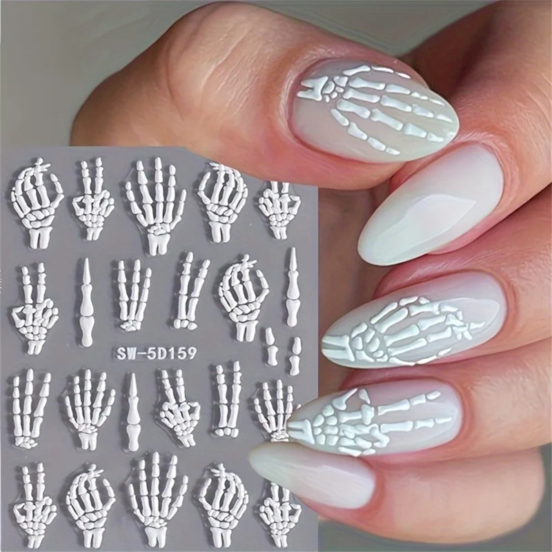 Halloween PVC Nail Art Sticker 5D Embossed Skull Hand Rose Flower Adhesive Nail Decals - SW-5D159