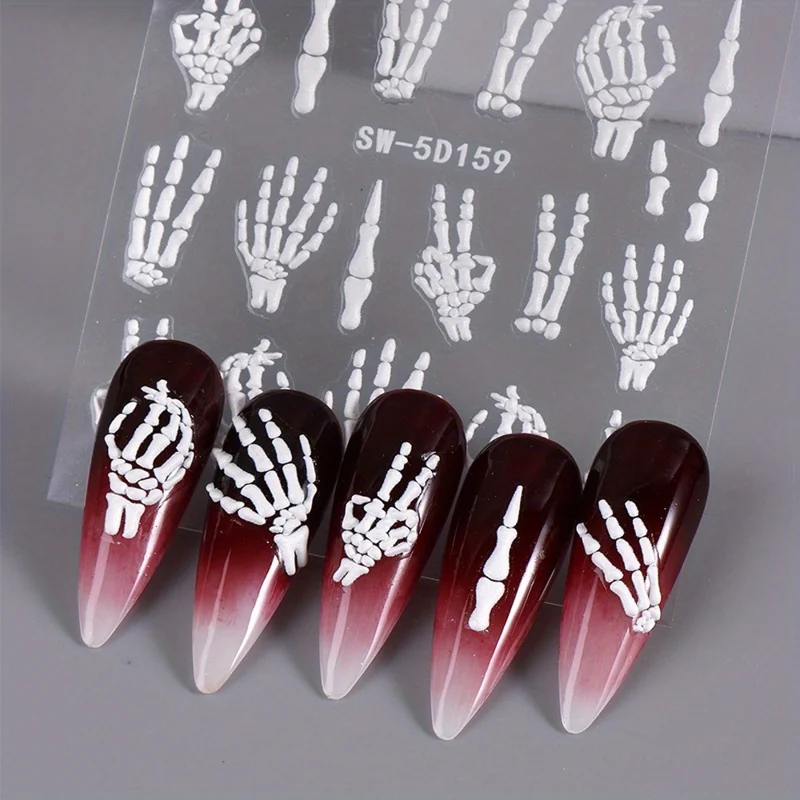 Halloween PVC Nail Art Sticker 5D Embossed Skull Hand Rose Flower Adhesive Nail Decals - SW-5D159