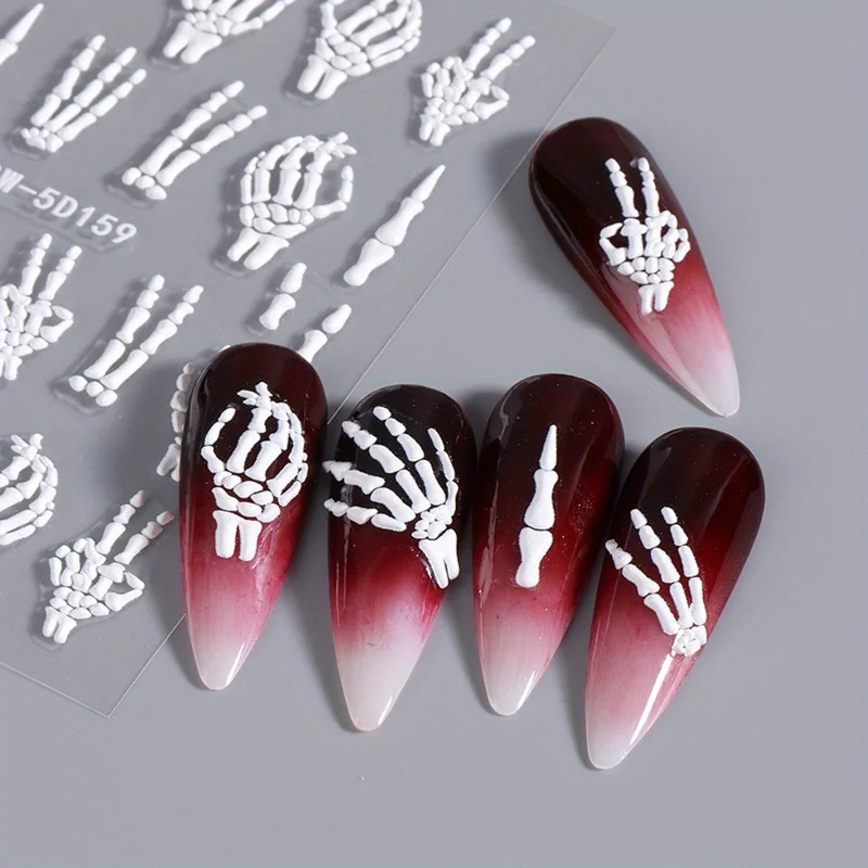 Halloween PVC Nail Art Sticker 5D Embossed Skull Hand Rose Flower Adhesive Nail Decals - SW-5D159