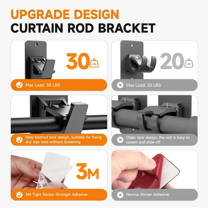 1 Pair Drill Free Curtain Rod Brackets Adhesive Hooks for Shower Curtain Rod Clip-On Holders