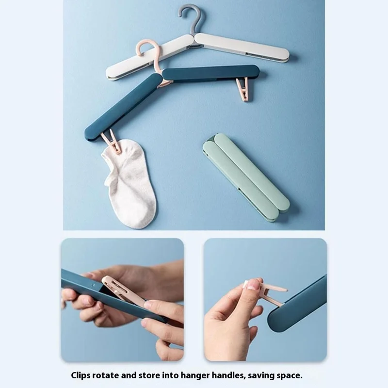 Foldable Travel Clothes Hanger Portable Drying Rack With Hidden Clips For Socks Underwear - Blue