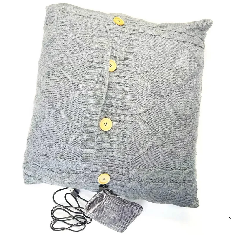 Almohada de apoyo lumbar con calefacción USB, cojín mullido con diseño de punto para silla de oficina, sofá y asiento de coche, alivio del dolor - Gris