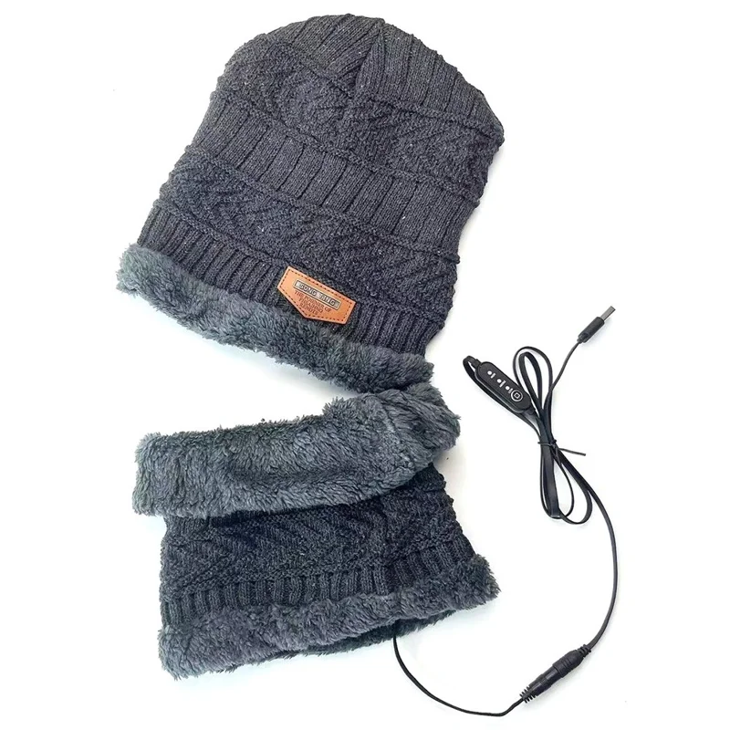 Conjunto de Cachecol Aquecido por USB e Gorro de Malha para o Inverno - Cinza